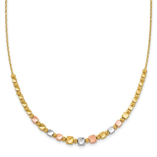14k Tri-Color Polished & Diamond-Cut Square Beaded Necklace