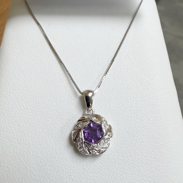 18" 14K Hexagon-Cut Amethyst and Diamond Necklace