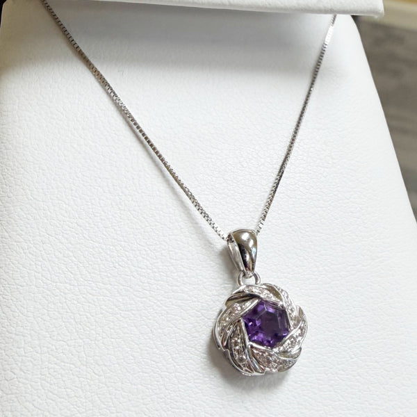 18" 14K Hexagon-Cut Amethyst and Diamond Necklace
