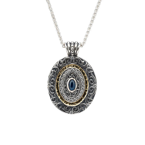 Oxidized Sterling / 14k Synthetic Sapphire & Cubic Zirconia Shield Pendant