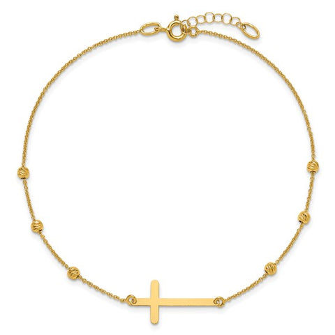 14K Polished Cross & Diamond-Cut Beaded Anklet