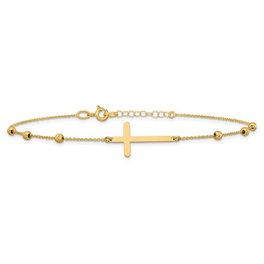 14K Polished Cross & Diamond-Cut Beaded Anklet