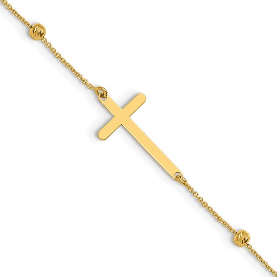 14K Polished Cross & Diamond-Cut Beaded Anklet