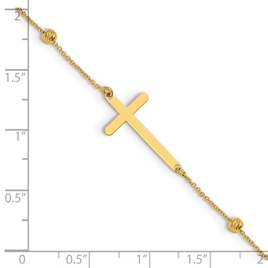 14K Polished Cross & Diamond-Cut Beaded Anklet