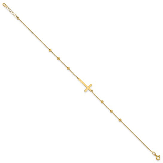 14K Polished Cross & Diamond-Cut Beaded Anklet