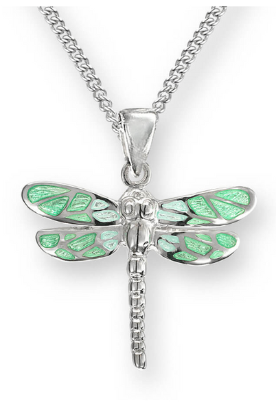 Sterling Silver Small Green Enamel Dragonfly Necklace
