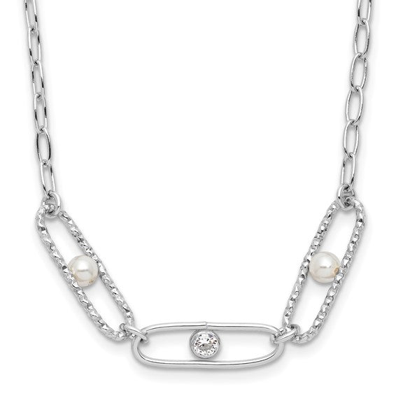 Sterling Silver Cubic Zirconia & Crystal Pearl Necklace