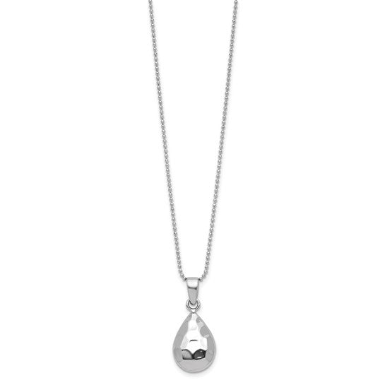 Sterling Silver Hammered Teardrop Pendant & Beaded Chain