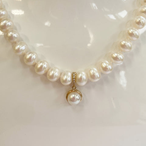 14k Freshwater Pearl & Diamond Drop Necklace