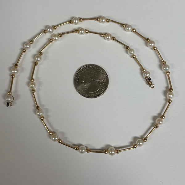 18" 14K Oval Freshwater Pearl, Gold Bead & Bar Link Necklace