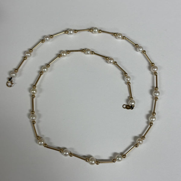 18" 14K Oval Freshwater Pearl, Gold Bead & Bar Link Necklace