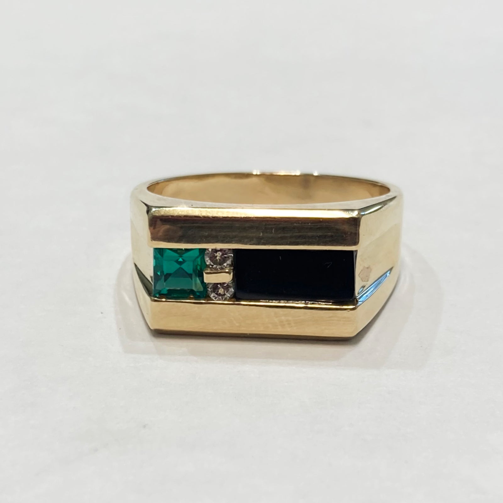 14KYG Onyx, Emerald and Diamond Ring