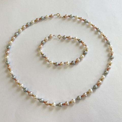 14k Tri-Color Gold & Freshwater Pearl Necklace & Bracelet Set