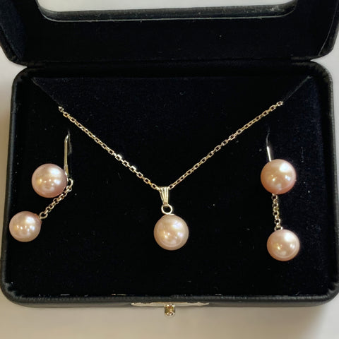 Sterling Silver Pink Freshwater Pearl Necklace & Earrings Set