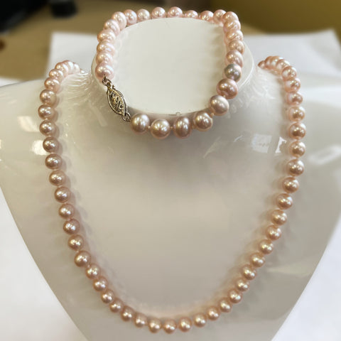 14k Pink Cultured Pearl Necklace & Bracelet Set