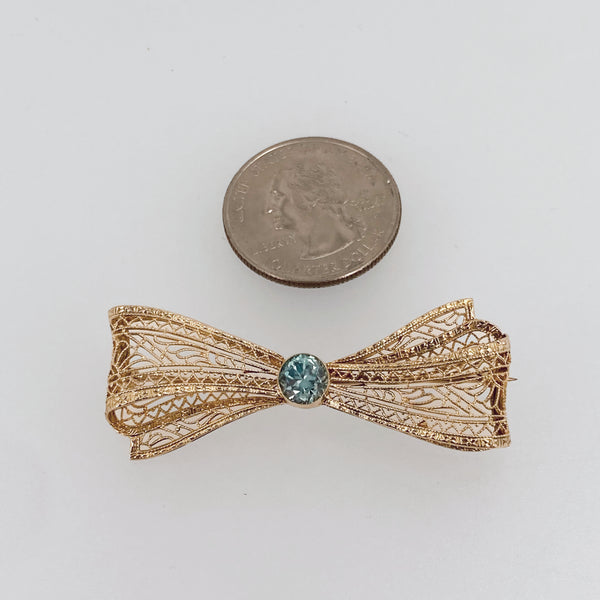 14K Blue Zircon Filigree Bow Pin