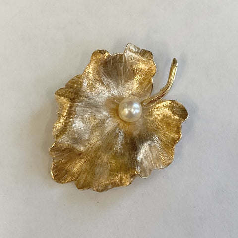 14k Cultured Pearl Leaf Brooch
