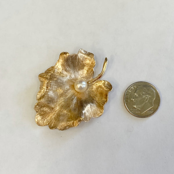 14k Cultured Pearl Leaf Brooch