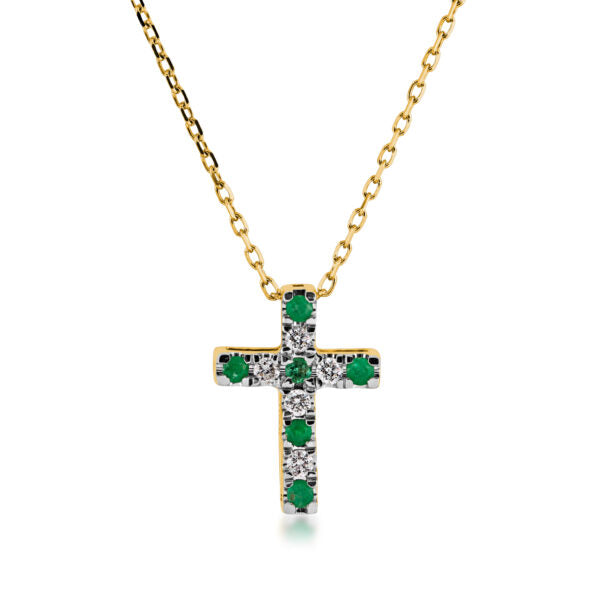 14K Emerald & Diamond Cross Necklace