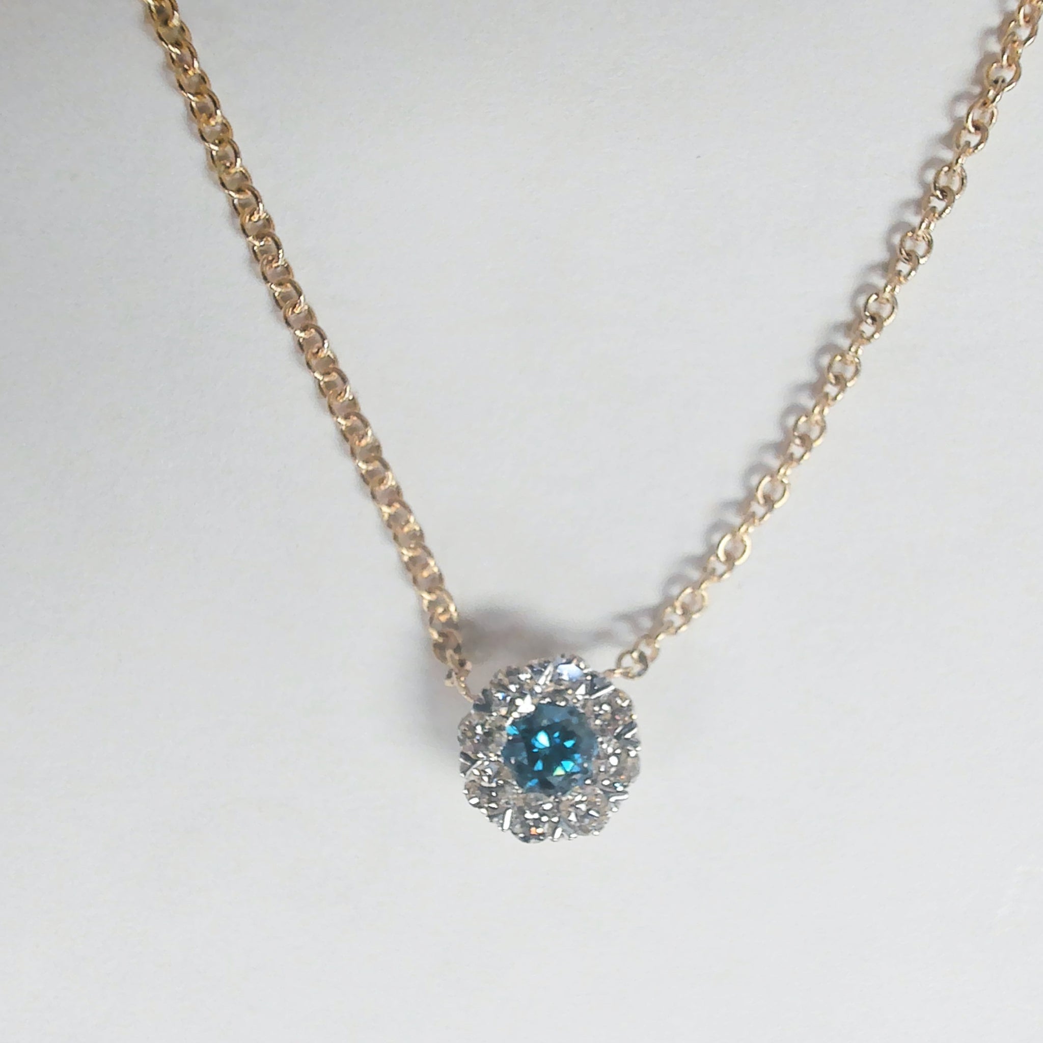 14k Blue Diamond with White Diamond Halo Necklace