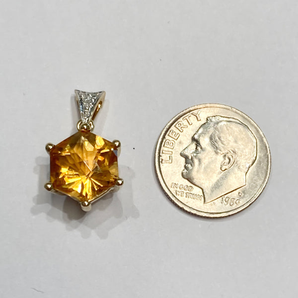 14k Hexagon Citrine & Melee Diamonds Pendant
