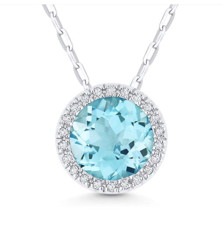 14k 7mm Aquamarine & Diamond Pendant Necklace
