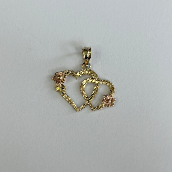 14k Two-Tone Double Heart Floral Charm