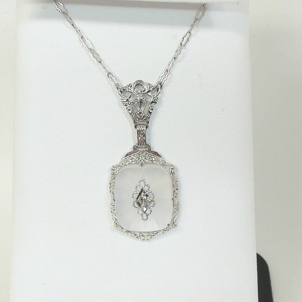 18" 14K Carved White Quartz and Melee Diamond Necklace
