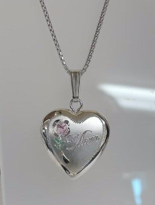 18" Sterling Mom w/Rose Heart Locket Necklace
