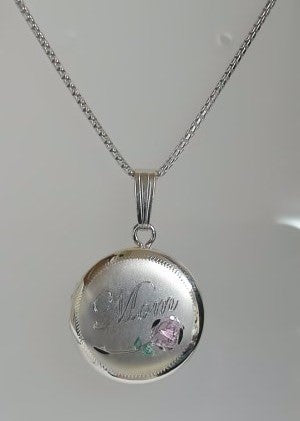 18" Sterling Mom w/Rose Round Locket Necklace
