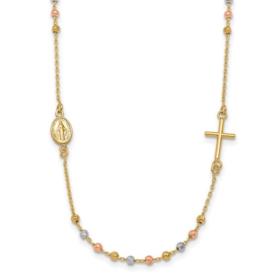 14k Tri-Color Polished Sideways Cross Beaded Rosary Necklace