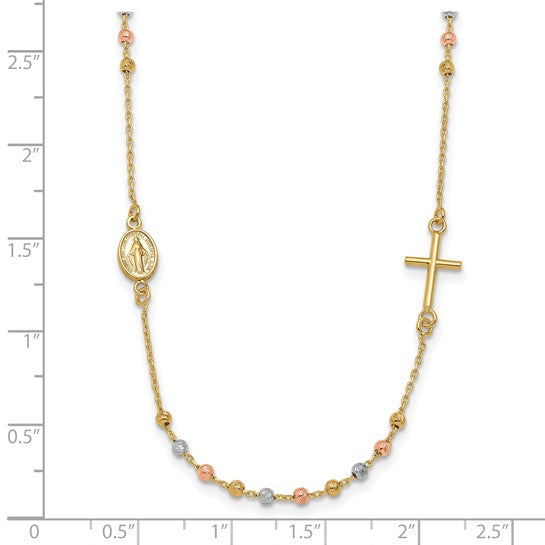 14k Tri-Color Polished Sideways Cross Beaded Rosary Necklace