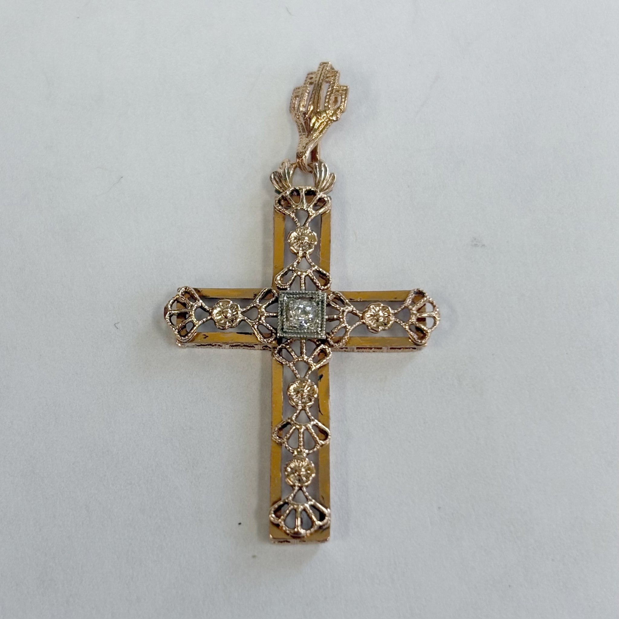 14k Rose-Cut Melee Diamond Filigree Cross