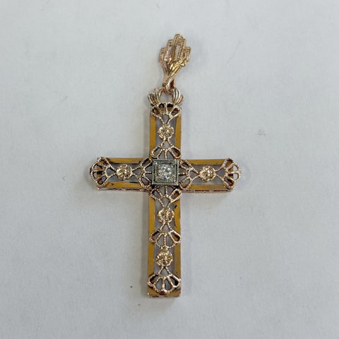 14k Rose-Cut Melee Diamond Filigree Cross