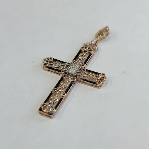14k Rose-Cut Melee Diamond Filigree Cross