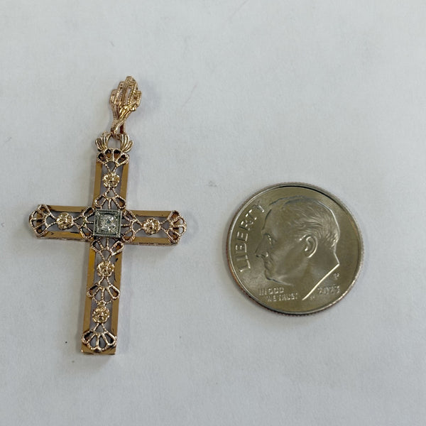 14k Rose-Cut Melee Diamond Filigree Cross