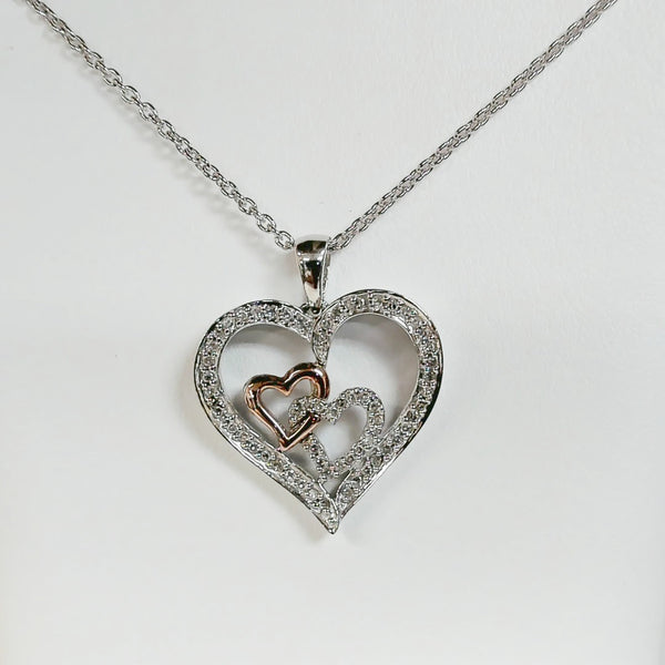 18" Sterling & 10K Double Heart Pendant