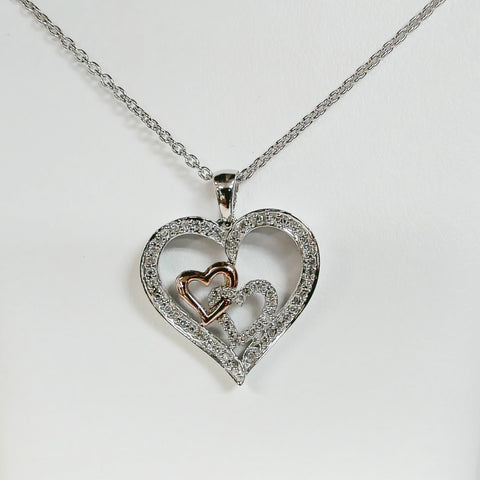 18" Sterling & 10K Double Heart Pendant
