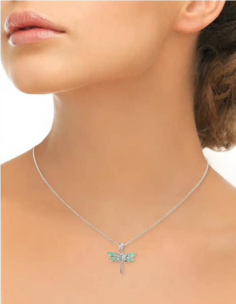 Sterling Silver Small Green Enamel Dragonfly Necklace