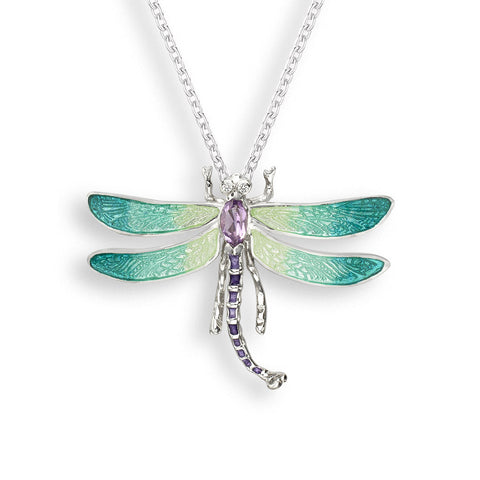 Sterling Silver Green Enamel Dragonfly Necklace with Amethyst & White Sapphire