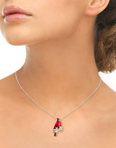 Sterling Silver Cardinal with Dogwood Enamel Necklace