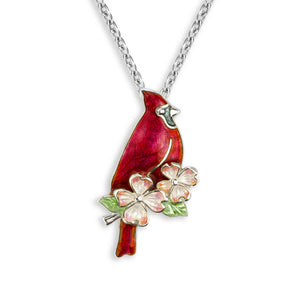 Sterling Silver Cardinal with Dogwood Enamel Necklace