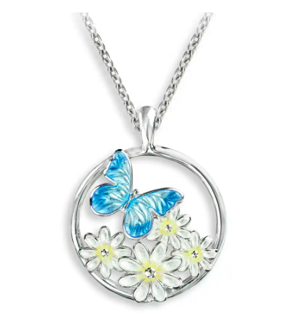 Sterling Silver Blue Butterfly & Daisies Enamel Necklace