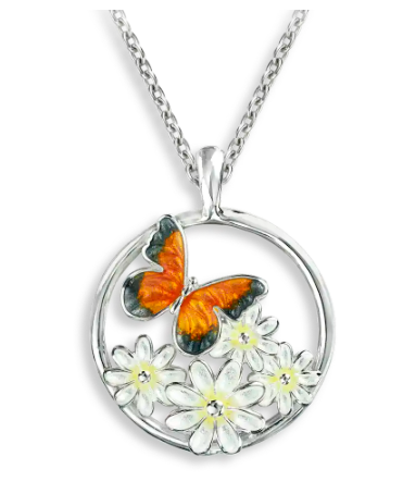 Sterling Silver Orange Butterfly & Daisies Enamel Necklace