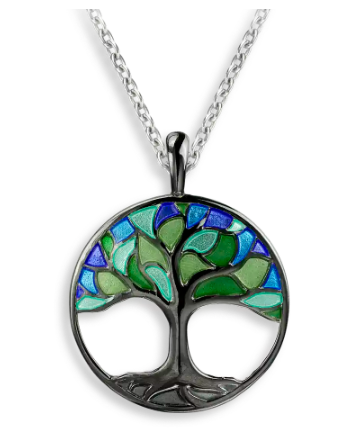 Sterling Silver Green & Blue Tree of Life Enamel Necklace