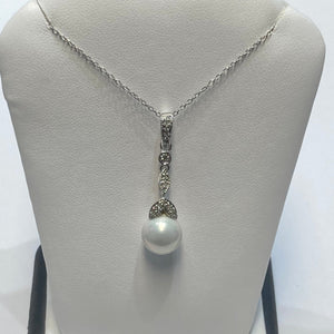 18" Sterling Silver Synthetic Pearl & Melee Diamond Drop Necklace