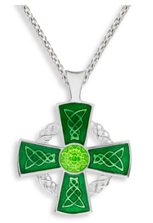 Sterling Silver Large Green Celtic Cross Enamel Necklace