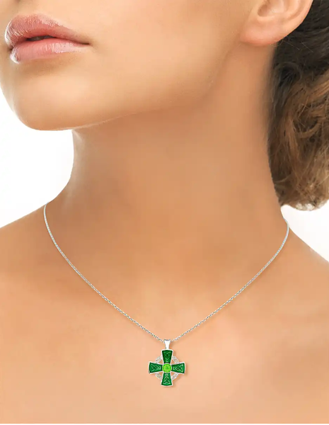 Sterling Silver Large Green Celtic Cross Enamel Necklace