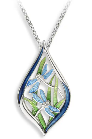 Sterling  White Sapphire & Blue Enamel Dragonfly Necklace