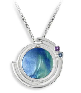 Sterling Silver Round Blue Enamel Planet w/ Rings & Amethyst Necklace